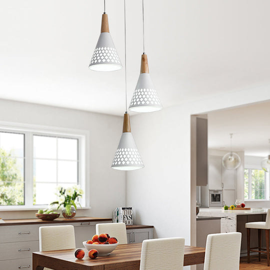 Modernist Iron Cone Cluster Pendant Light With Hollow Out Grid Design - White And Wood