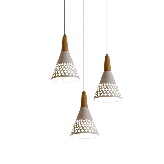 Modernist 3-Head Cone Pendant Light: Iron Cluster Lamp With Hollow Out Grid Design In White And Wood