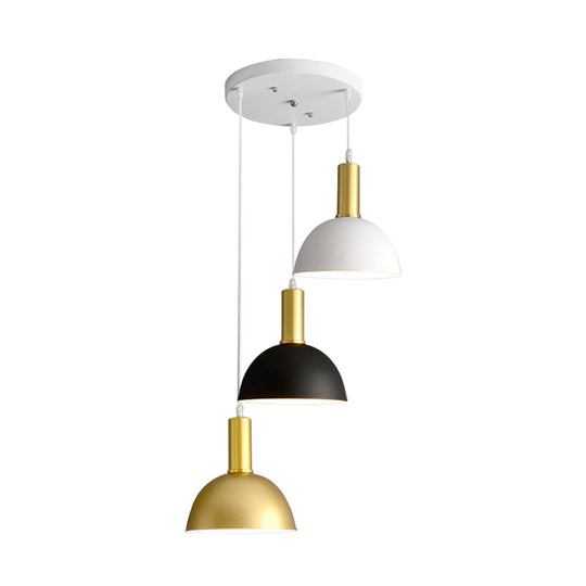 Nordic Domed Hanging Light Kit - 3-Head Iron Pendant In White-Black-Gold For Stylish Dining Rooms