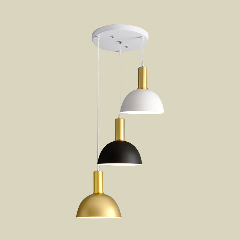 Nordic Domed Hanging Light Kit - 3-Head Iron Pendant In White-Black-Gold For Stylish Dining Rooms