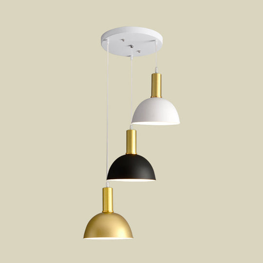 Nordic Domed Hanging Light Kit - 3-Head Iron Pendant In White-Black-Gold For Stylish Dining Rooms