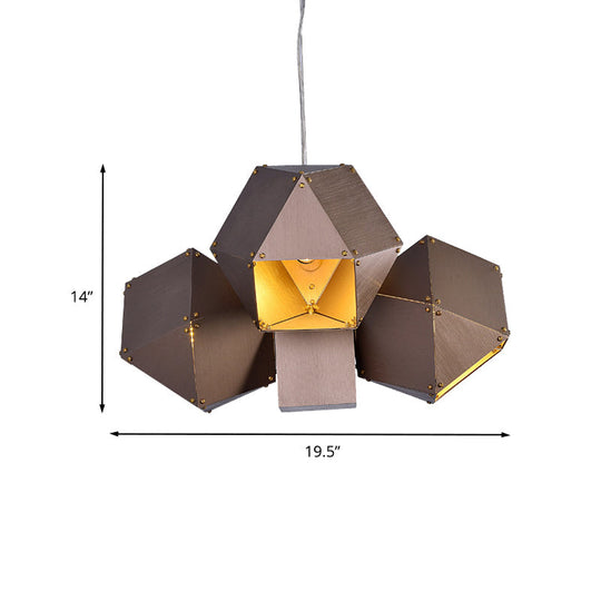 Modern Aluminum 3-Light Polyhedron Chandelier Pendant Lamp In Coffee For Restaurants