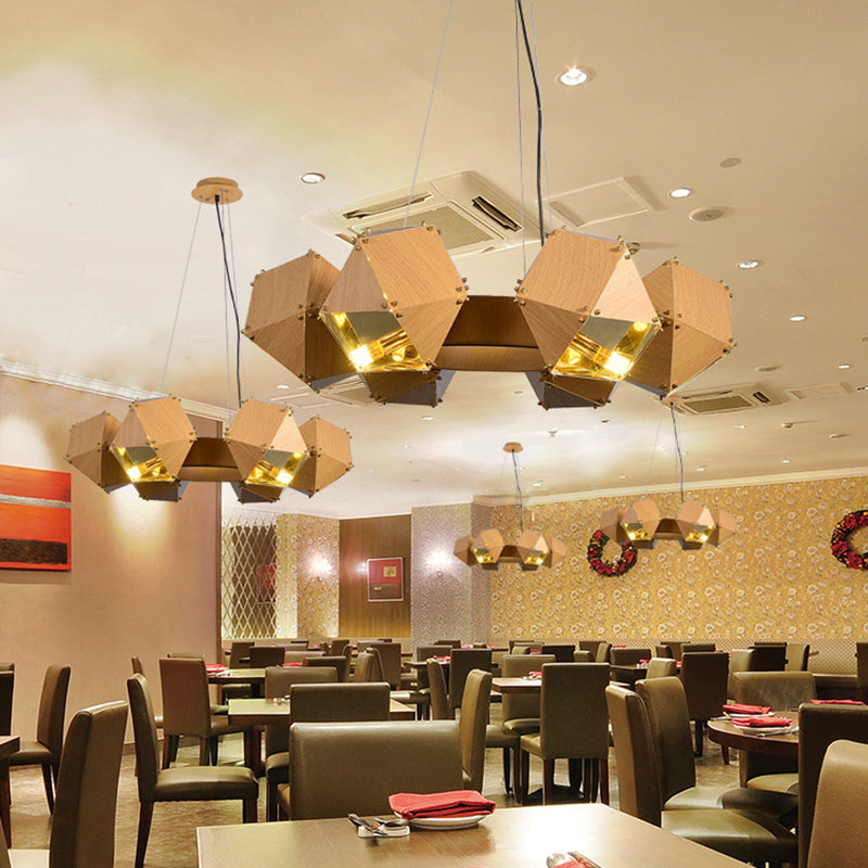 Modernist Dark Wood Polyhedron Chandelier With 6 Metallic Heads - Ceiling Pendant Lamp For