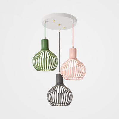 Wire Dome Shade Industrial Ceiling Light With 3 Bulbs - Grey/Pink For Dining Room Hanging