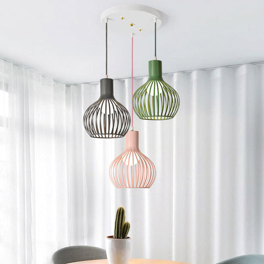 Wire Dome Shade Industrial Ceiling Light With 3 Bulbs - Grey/Pink For Dining Room Hanging