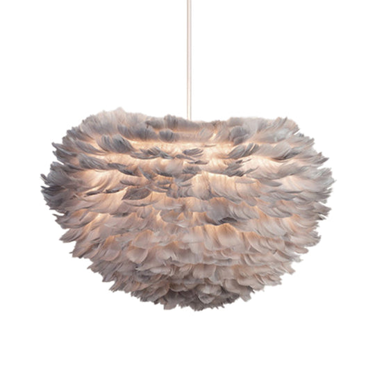 Feather Hanging Chandelier In White/Grey/Pink For Modern Bedroom Lighting - Fabric 4-Light Ceiling