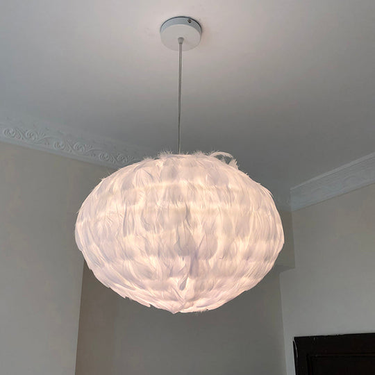 White Feather Ball Pendant Ceiling Light: Modernist Bedroom Suspension With Fabric Shade & 1 Bulb