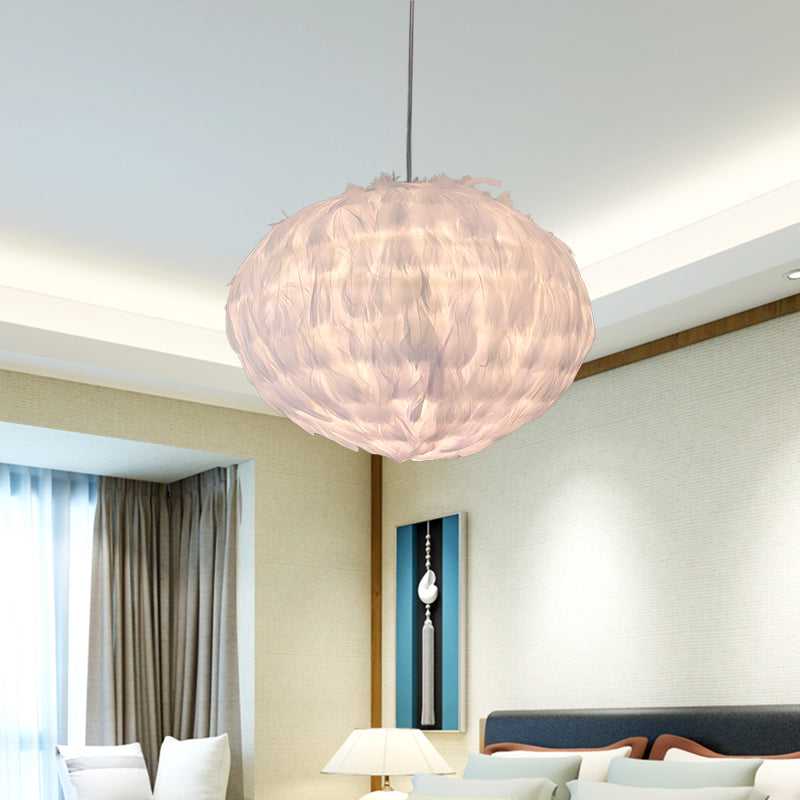 White Feather Ball Pendant Ceiling Light: Modernist Bedroom Suspension With Fabric Shade & 1 Bulb