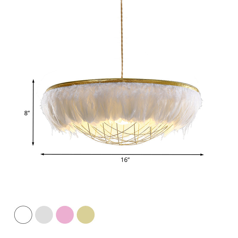 Modern Dome Cage Metallic Chandelier: Gold 2-Bulb Ceiling Lamp With Feather Deco - White Grey Pink