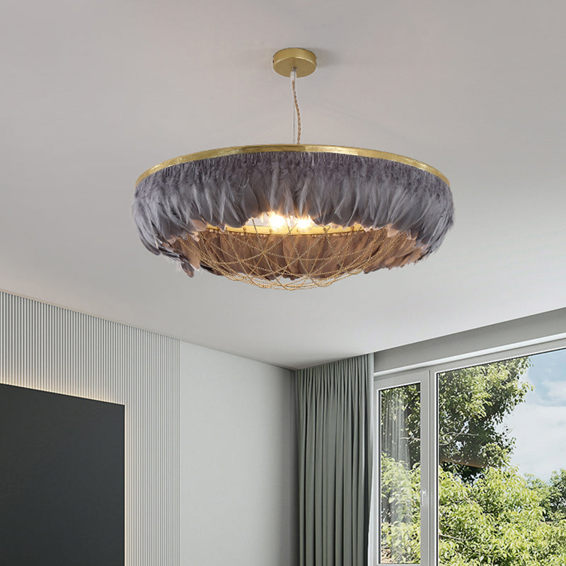 Modern Dome Cage Metallic Chandelier: Gold 2-Bulb Ceiling Lamp With Feather Deco - White Grey Pink