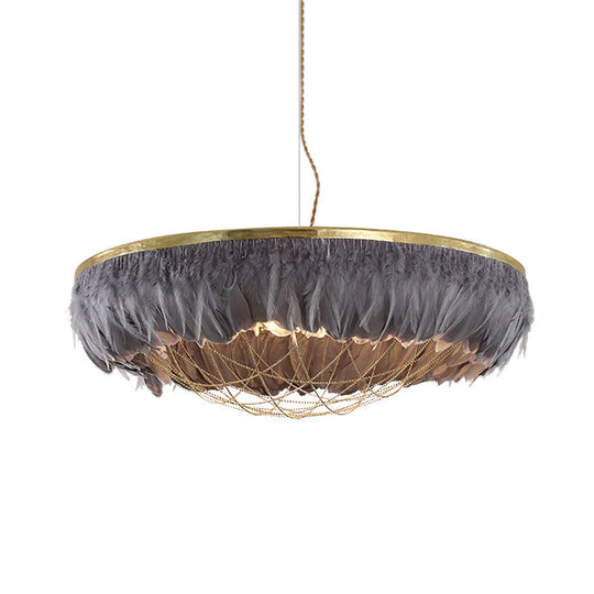 Modern Dome Cage Metallic Chandelier: Gold 2-Bulb Ceiling Lamp With Feather Deco - White Grey Pink
