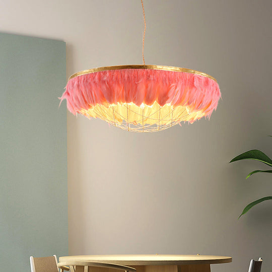 Modern Dome Cage Metallic Chandelier: Gold 2-Bulb Ceiling Lamp With Feather Deco - White Grey Pink