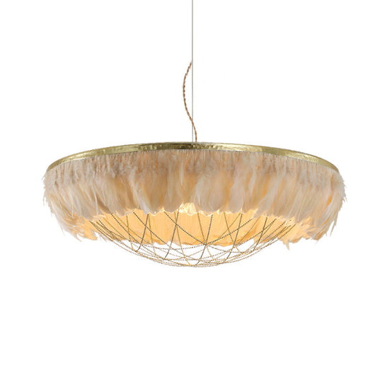 Modern Dome Cage Metallic Chandelier: Gold 2-Bulb Ceiling Lamp With Feather Deco - White Grey Pink