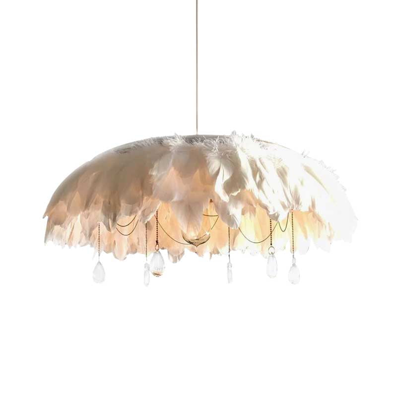 Feather Hanging Lamp: Modern 1-Head Fabric Pendant With Crystal Drop For Living Room (White)