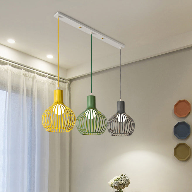Wire Dome Shade Industrial Ceiling Light With 3 Bulbs - Grey/Pink For Dining Room Hanging