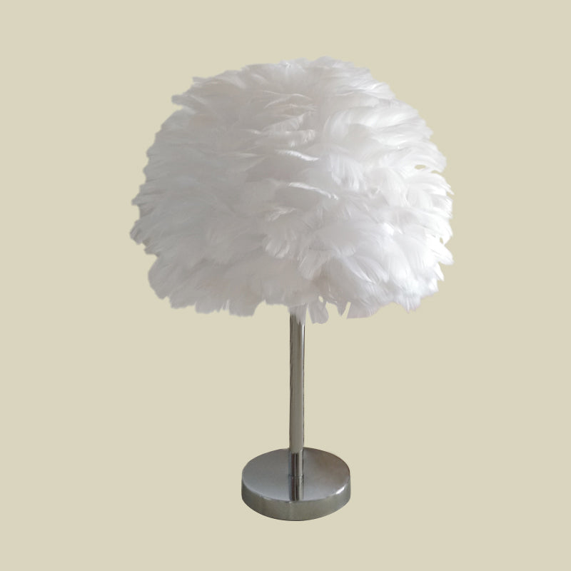 Contemporary Feather Night Table Lamp - Globe Bedside Light In White/Grey/Pink