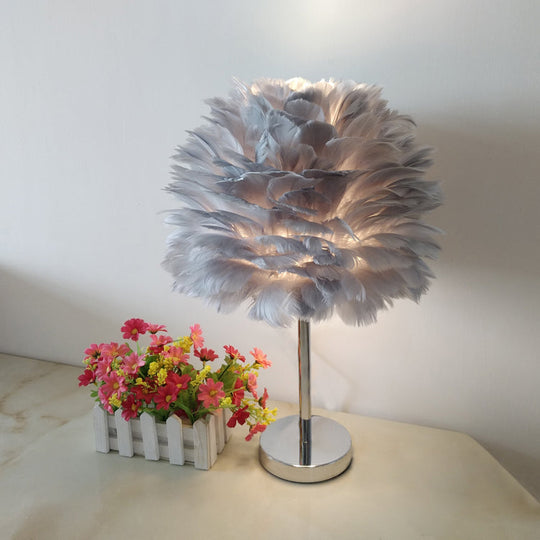 Contemporary Feather Night Table Lamp - Globe Bedside Light In White/Grey/Pink