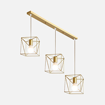 Modern Gold Ceiling Fixture With Retro Metallic Design - 3 Bulb Dining Room Hanging Light Square