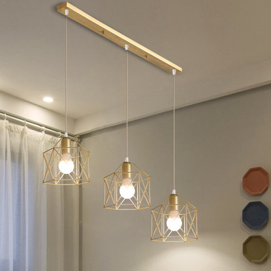 Retro Stylish Polished Gold Ceiling Fixture With 3 Bulbs Squared/Hexagon/Star Design Elegant Dining