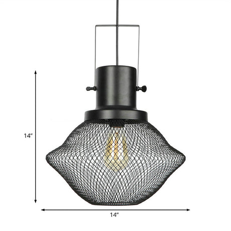 Industrial Metal Pendant Light - Mesh Cage 1-Light Black Shade Living Room Hanging Lamp