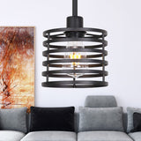 Vintage Wire Cage Pendant Light With Cylindrical Shade - Single Bulb Metallic Finish (Black/Brass)