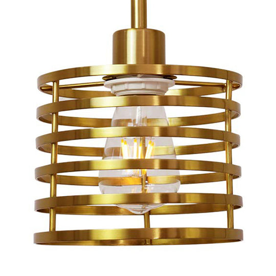 Vintage Wire Cage Pendant Light With Cylindrical Shade - Single Bulb Metallic Finish (Black/Brass)