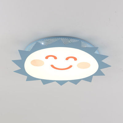 Happy Cartoon Sun Flush Mount Light: Fun & Gentle Led Ceiling Light For Kindergarten Blue / White