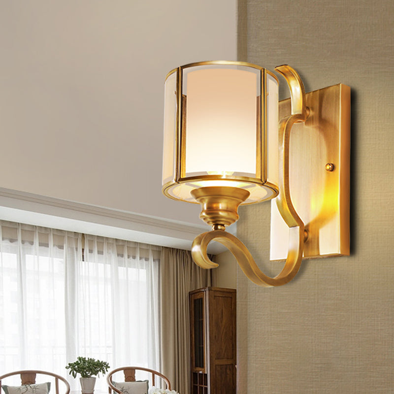 Translucent Glass Cylinder Sconce Vintage Wall Lamp Fixture With Curved Arm - Gold 1/2-Light Corner