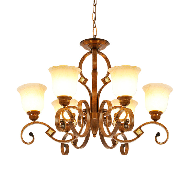 Rustic Metal Chandelier With Curved Arm 6 Bulbs Opal Glass Shade Ideal For Bedroom Ceiling