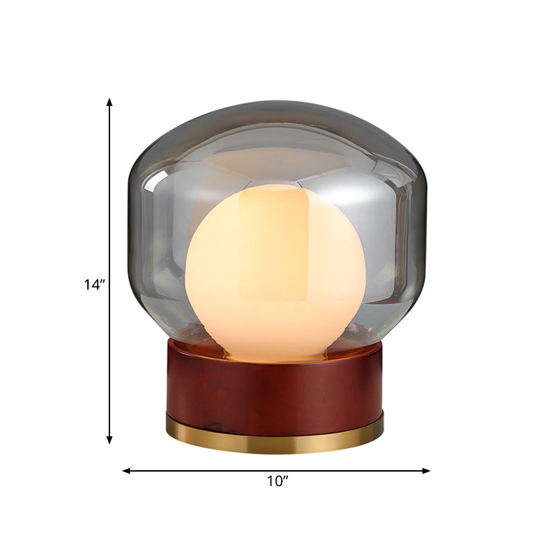 Opal Glass Globe Night Light With Wood Base - Countryside Bedroom Table Lamp In Brown