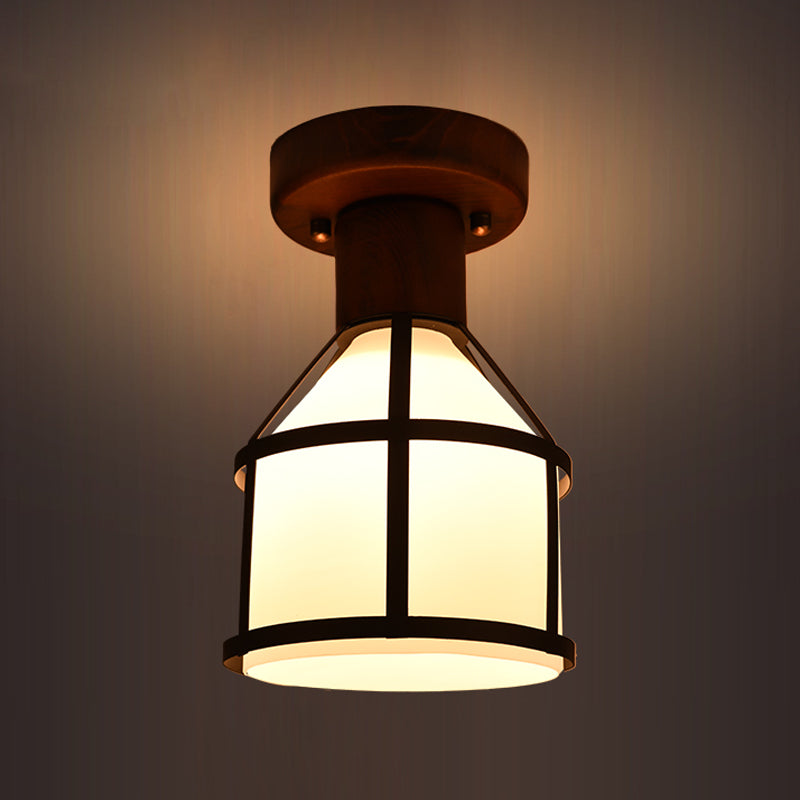 Country Opal Glass Dome Ceiling Light Fixture With Cage - Brown Flush Mount Lamp