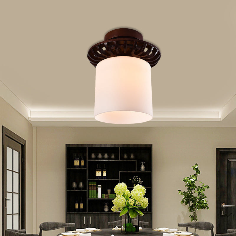 Rustic Cream Glass Flush Mount Ceiling Light With Wood Frame - Brown Globe/Square Design