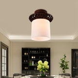 Rustic Cream Glass Flush Mount Ceiling Light With Wood Frame - Brown Globe/Square Design