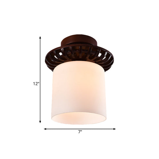 Rustic Cream Glass Flush Mount Ceiling Light With Wood Frame - Brown Globe/Square Design