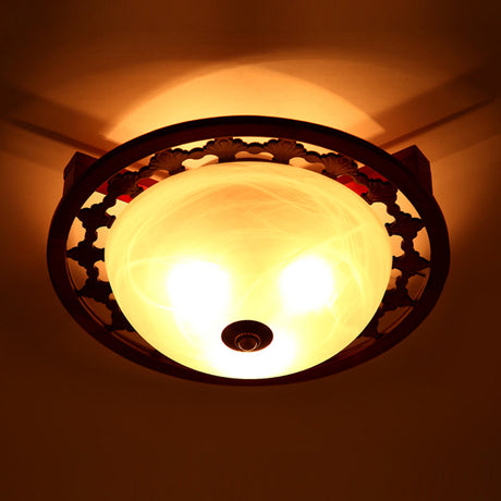 Rustic Brown Dome Flush Mount Lighting With Frosted Glass - 3-Light Wood Design Close-To-Ceiling