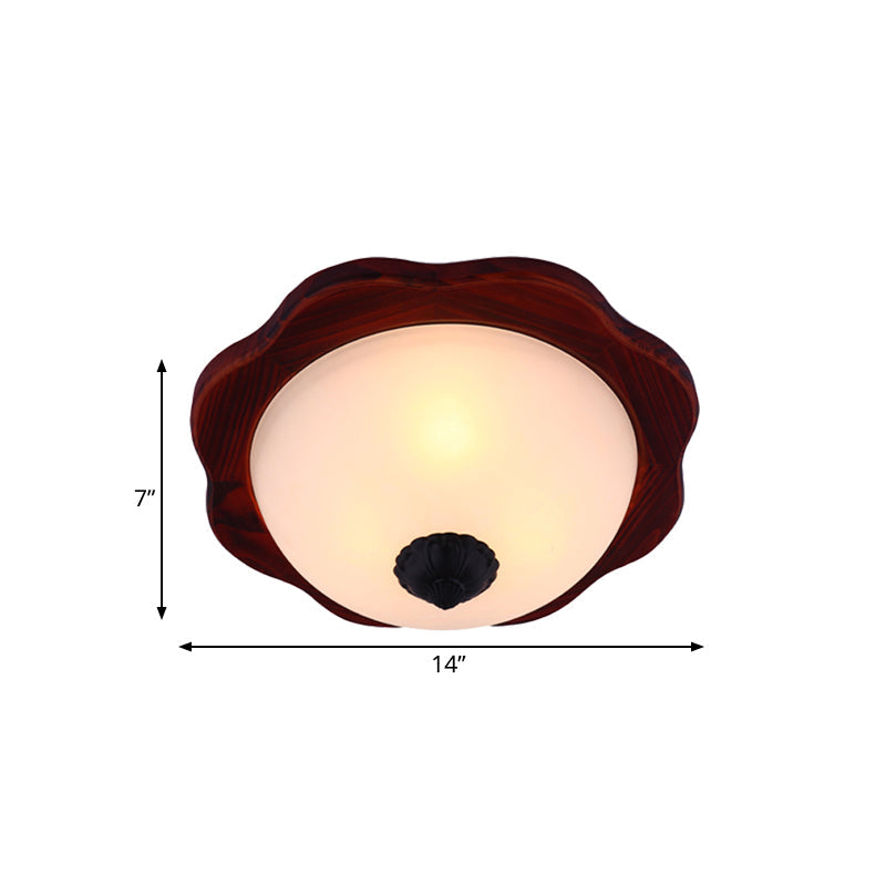 Frosted Glass Brown Flush Light Fixture - 16/19 W 3 Heads Rural Mount Recessed Lighting With Wood