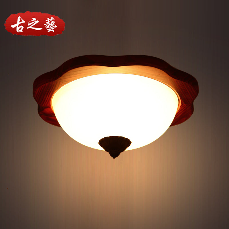 Frosted Glass Brown Flush Light Fixture - 16/19 W 3 Heads Rural Mount Recessed Lighting With Wood