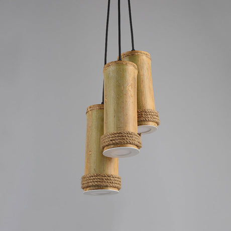 Brown Bamboo Pendant Light With 3 Clusters For Restaurants