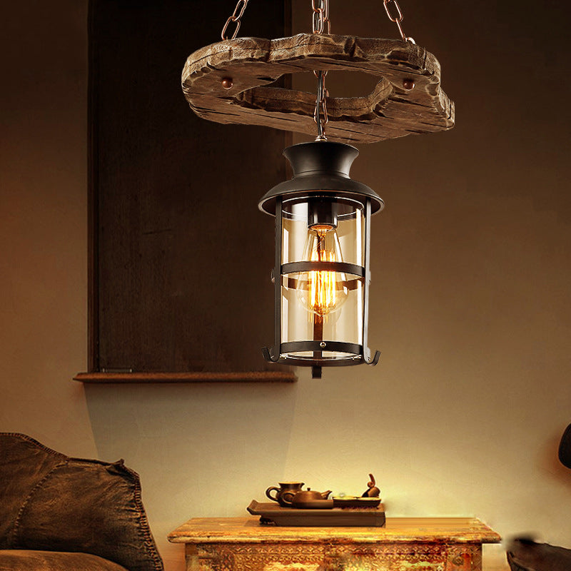 Modern Black Glass Drop Pendant Light With Wood Circle Deco For Dining Room
