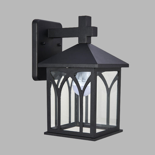 Black Farmhouse Wall Sconce With Clear Glass And Open Bottom - 1 Bulb Cuboid Mount Light