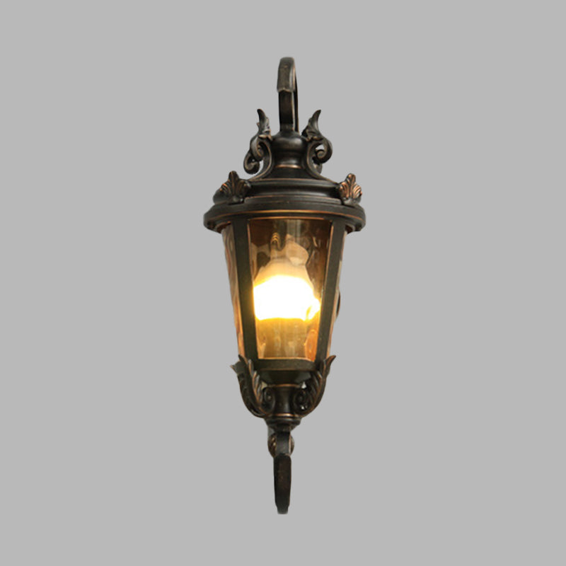 Rustic Clear Water Glass Outdoor Wall Sconce - Black Urn Shape Mounted Lamp With 1 Head