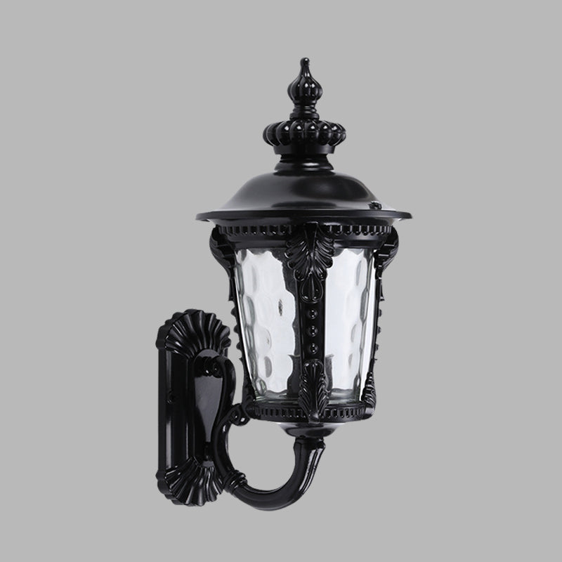 Rustic Urn Water Glass Wall Sconce - 1-Head Mount Lighting For Courtyard (Black)