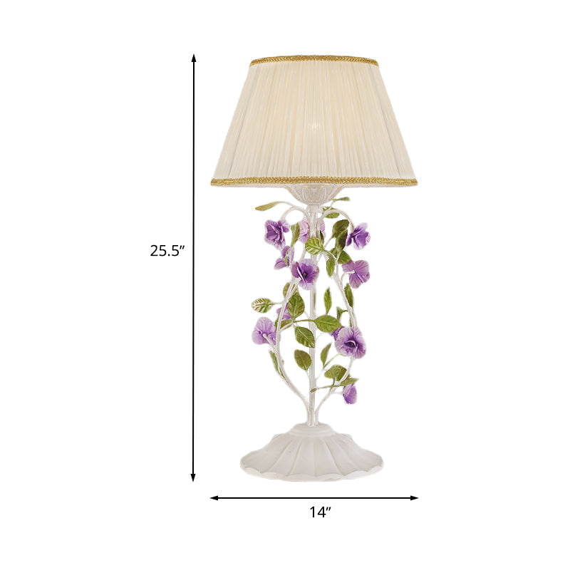 Korean Flower 1-Head Nightstand Lamp With White Fabric Shade For Bedroom