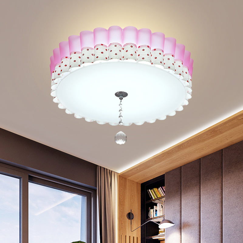 Pink Drum Flush Mount Ceiling Light With Acrylic Led Wavy Trim And Crystal Ball - Pastoral Bedroom