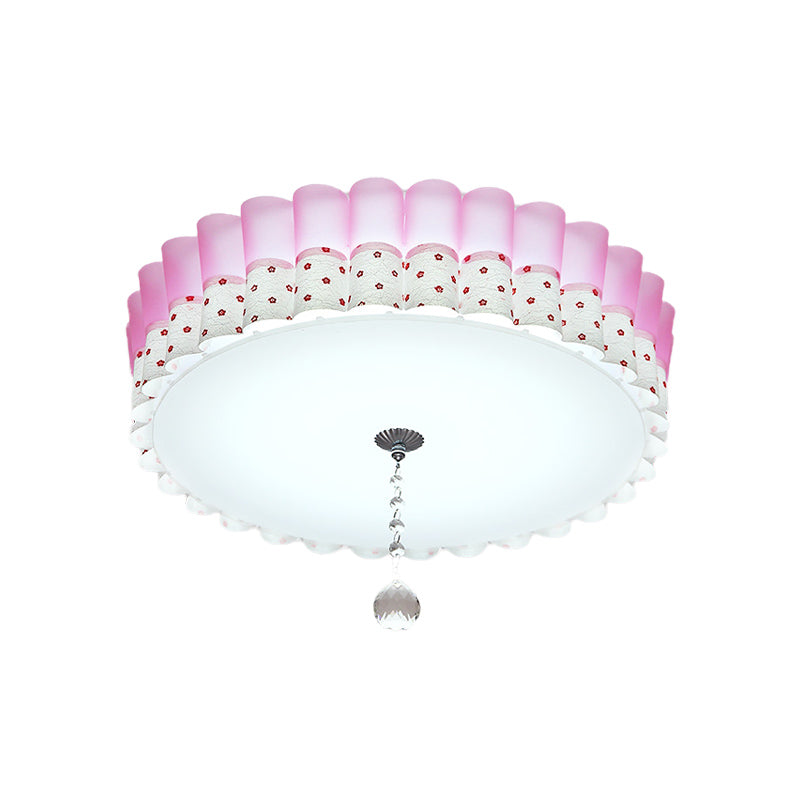 Pink Drum Flush Mount Ceiling Light With Acrylic Led Wavy Trim And Crystal Ball - Pastoral Bedroom