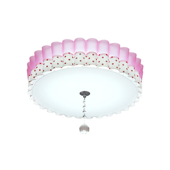 Pink Drum Flush Mount Ceiling Light With Acrylic Led Wavy Trim And Crystal Ball - Pastoral Bedroom