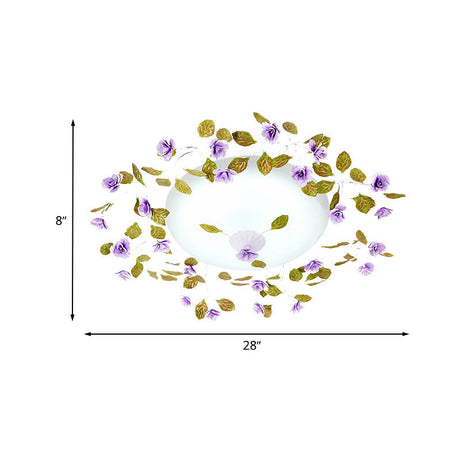Ambient Led White Glass Semi Flush Ceiling Light - Countryside Purple Domed Design With Flower And