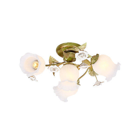 Twisted Pastoral Frosted Glass Flush Light: Green Semi Mount Lighting (4/7/9-Bulb)