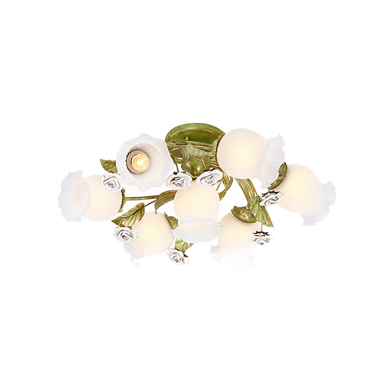 Twisted Pastoral Frosted Glass Flush Light: Green Semi Mount Lighting (4/7/9 - Bulb)