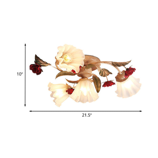 Brown 4/7/9 - Bulb Semi Flush Mount Pastoral Frosted Glass Ceiling Light With Red Flower Design